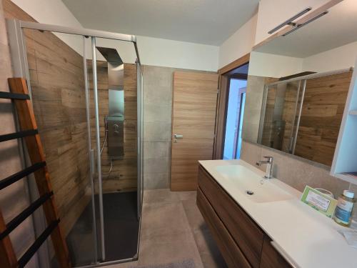 a bathroom with a shower and a sink at Appartamento BUCANEVE in Pieve Tesino