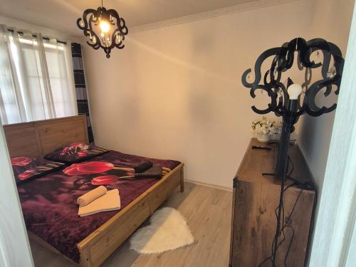 a bedroom with a bed and a chandelier at Noclegi "LAS WYPAS" Trzcianka in Trzcianka
