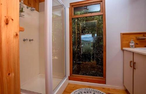 a bathroom with a shower and a large window at Loerie's Rest Cabin in Victoria Bay