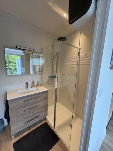 a bathroom with a glass shower and a sink at Escapade à la mer studio in Dinard
