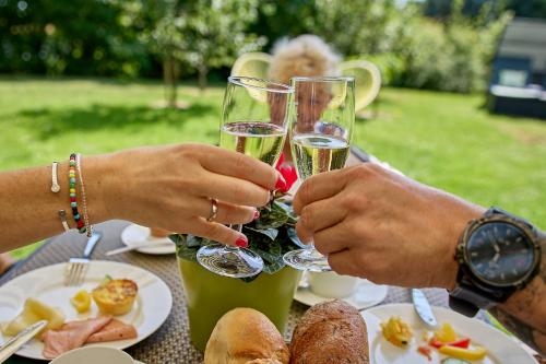 two people holding glasses of wine at a table with food at Hotel Lindenhof in Kellberg