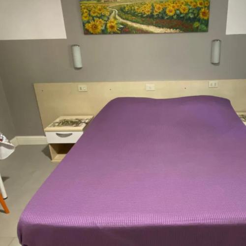 a purple bed in a room with a painting on the wall at CAMERE DI ARHET in Parma