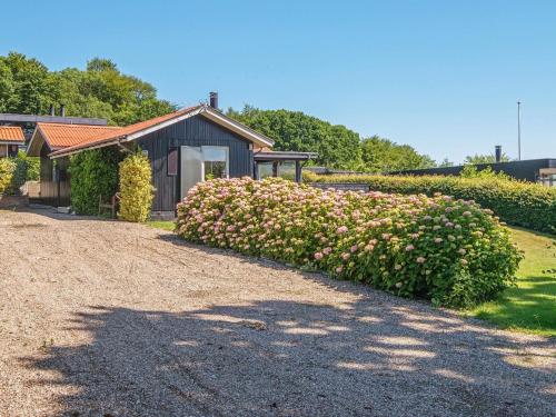 a bush with pink flowers in front of a house at 5 person holiday home in Juelsminde-By Traum in Sønderby