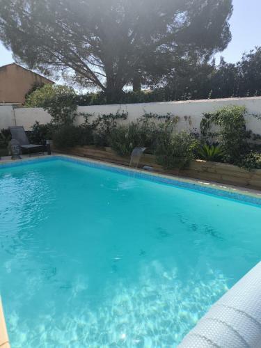 a large blue swimming pool with a tree in the background at Au Coeur des vignes in Pont-Saint-Esprit
