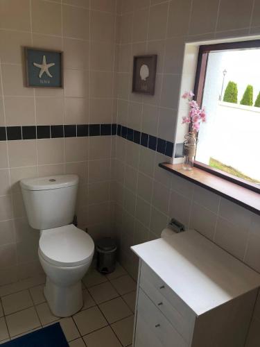 a bathroom with a toilet and a window at Bayview Villa Costal Retreat in Youghal