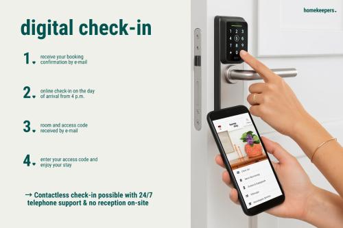 a person holding a cell phone unlocking a refrigerator at homie stay Süßenmühle - Apartments am Bodensee in Sipplingen