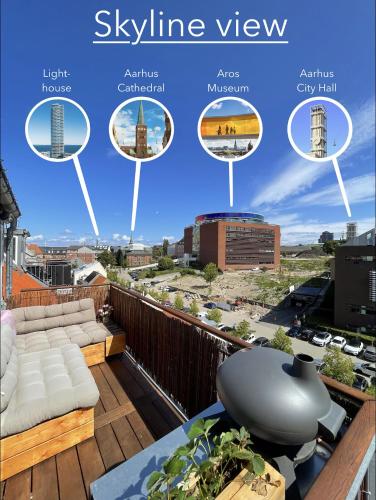 a magazine cover of a balcony with a view of a city at Central rooftop apartment by ARoS with balcony in Aarhus