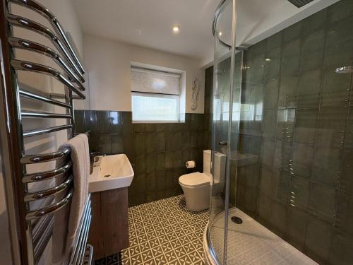 a bathroom with a shower and a sink and a toilet at Mi Casa Su Casa - Mount Brioni in Downderry