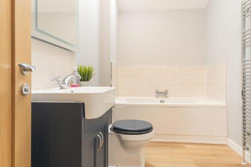 a bathroom with a sink and a toilet and a bath tub at The Stables in Holyhead