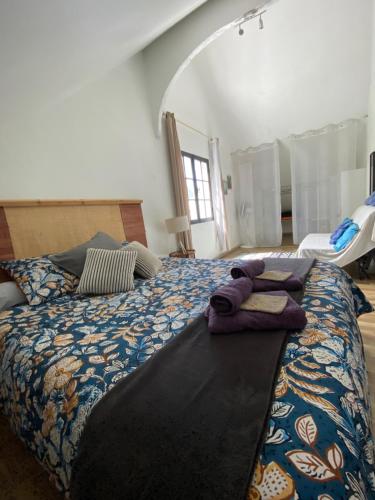 a bedroom with a large bed with towels on it at Ty kaz plato in Saint-Leu
