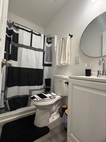 a bathroom with a toilet and a shower and a sink at Cozy Stay in Tampa in Tampa