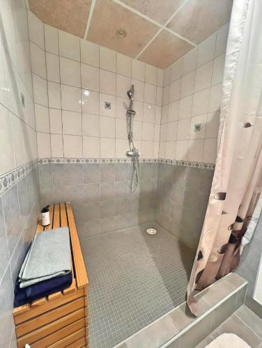 a bathroom with a shower with a bench in it at Panda House - Luxury in Old Town in Tartu
