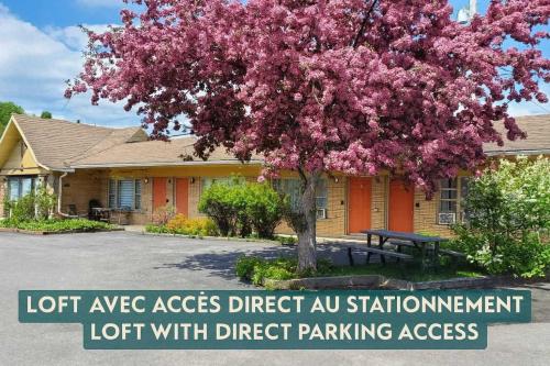 a building with a tree in front of a parking lot at Studio 16 - 2 min du Bord de l'eau & Foyer & Barbecue in Sainte-Anne-de-Beaupré