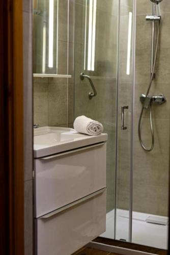 a bathroom with a sink and a shower with a glass door at Hotel Promyk Wellness & Spa in Karpacz