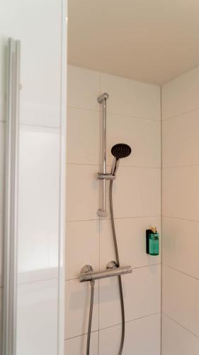 a shower with a shower head in a bathroom at Duinlust Dishoek in Dishoek