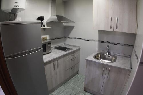 a small kitchen with a sink and a refrigerator at Apartamentos Deluxe San Julian in Torrevieja