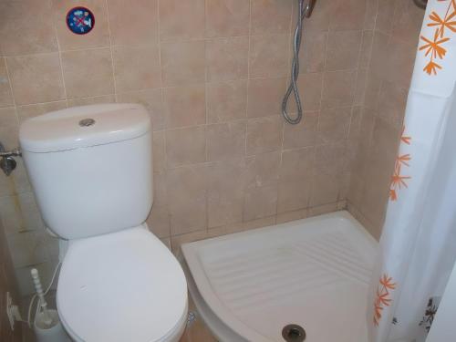 a white toilet in a bathroom with a shower curtain at Basterretxea ll in Ariz