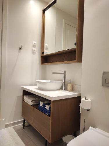 a bathroom with a sink and a mirror at Unique Seaview Studio - Marina Village in Radovići