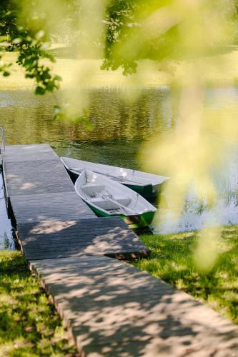 a boat sitting on the grass next to a dock at Soomaa Puhkeküla in Riisa