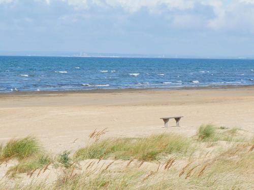 a dog standing on a beach next to the ocean at 5 person holiday home in MELLBYSTRAND-By Traum in Mellbystrand