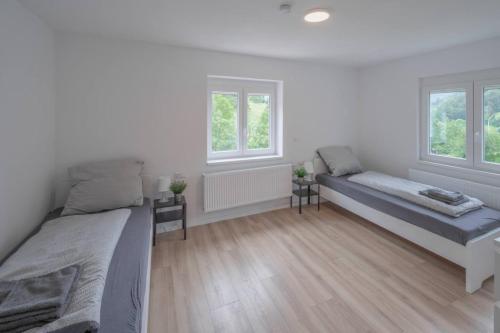 a white room with two beds and two windows at Monteur- & Gästewohnung in Schramberg mit Küche, WLAN & Parkplatz in Schramberg - SCH01 in Schramberg