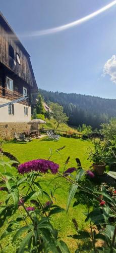 a green field with flowers in front of a building at Ferienhaus Almhorizont beim Oberen Kreuzer in Friesach