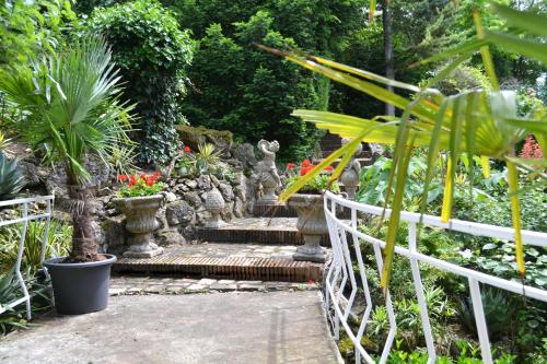 a garden with plants and a stone stairway with plants at Hôtel la Scala in Pithiviers