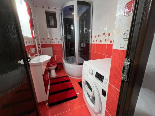 a red and white bathroom with a washing machine in it at Cabana Acasa la Delia in Gîrda de Sus