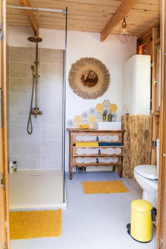 a bathroom with a shower and a toilet at Bulles d'Olive Provence avec piscine - Jacuzzi en option in Nyons