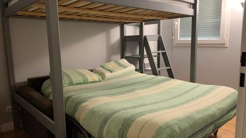 ein Schlafzimmer mit einem Etagenbett mit Leiter in der Unterkunft Quiet in Poissy city center for work or family stay in Poissy
