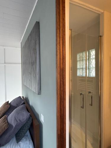 a bedroom with a walk in shower and a glass door at Les Cépages in Le Mesnil-sur-Oger