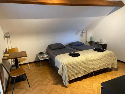 a bedroom with a bed and a table and a chair at Perk25A in Steenokkerzeel