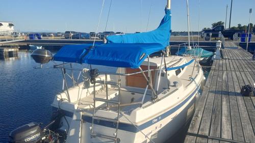 a boat docked at a dock in the water at cozy boat vibes in Rouses Point