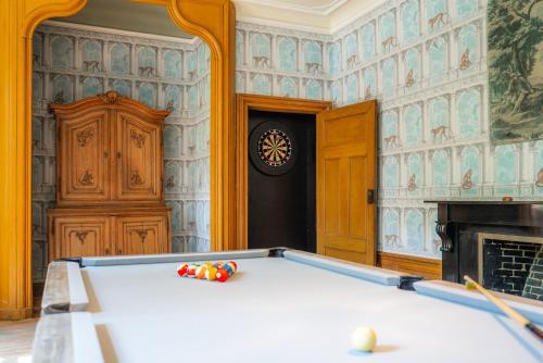 a pool table in a room with a fireplace at Château de Looz in Borgloon
