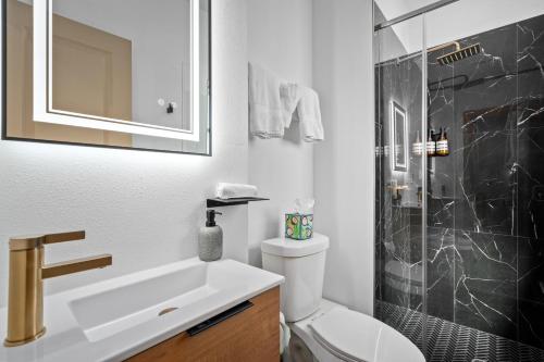 ein Badezimmer mit Waschbecken, Toilette und Dusche in der Unterkunft Luxe Spa Lounge, Gated 4 Parking, 2 linked Homes, Sleeps 20 in Houston