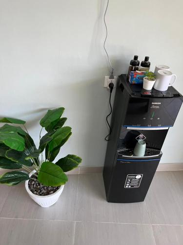 a plant sitting next to a black computer tower at Rumah Harmoni in Ungasan