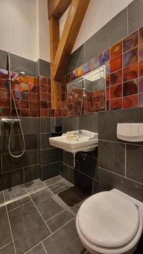 a bathroom with a toilet and a sink at Scheunenloft Usedom -3- Familienoase bis 6 Pax spacious big garden dog-friendly - SiLyVi homes in Mellenthin
