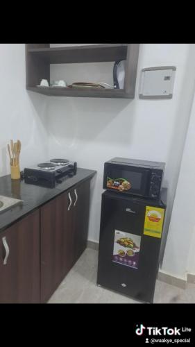 a kitchen with a refrigerator and a counter top at Meg place in Ofankor