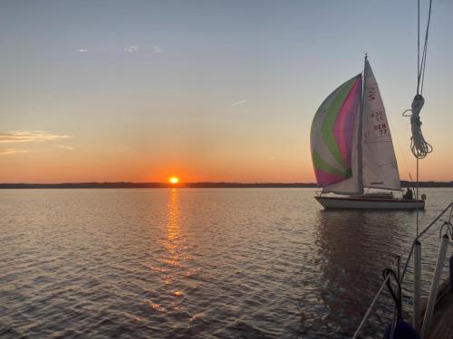 a sail boat on the water at sunset at Birthes Udsigtshus in Ebeltoft