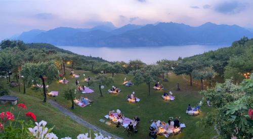 a group of people sitting in a field near a lake at Hotel Querceto Wellness & Spa - Garda Lake Collection in Malcesine