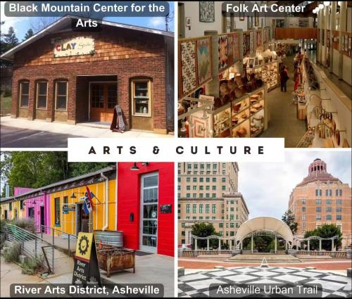 a collage of four pictures of arts and culture at Rustic Chic Mountain Home 15 min from DT Asheville in Fletcher