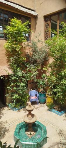 a garden with a fountain in the middle of a yard at Maison des maitres in Tafza