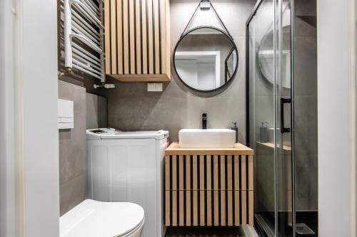 a bathroom with a toilet and a sink and a mirror at Super-Apartamenty Plac Wolności 6 in Poznań