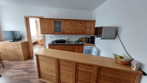 a kitchen with wooden cabinets and a counter top at Ferienwohnung Echtner in Bad Schandau