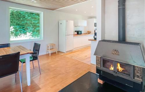 a kitchen and a living room with a fireplace at Gorgeous Home In Väversunda With House Sea View in Väversunda