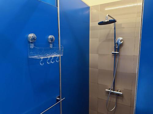 a bathroom with a shower with a blue door at 234 Weligama in Pareiduwa