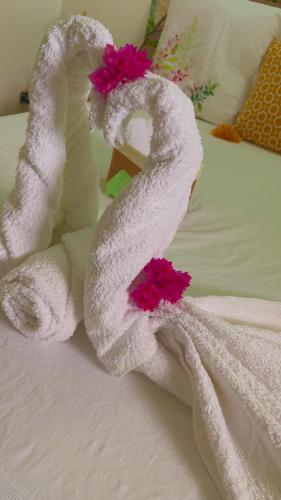 a pair of towels on a bed with pink flowers at L'Écrin du colibri, a haven of peace in Martinique in Le Robert