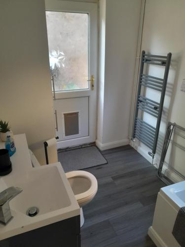 a bathroom with a toilet and a window at Lyndon house in Beaufort