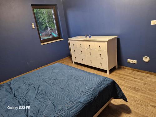 a bedroom with a bed and a dresser and a mirror at Kaszuby Punkt Klonowo Przywidz sauna klima basen in Przywidz