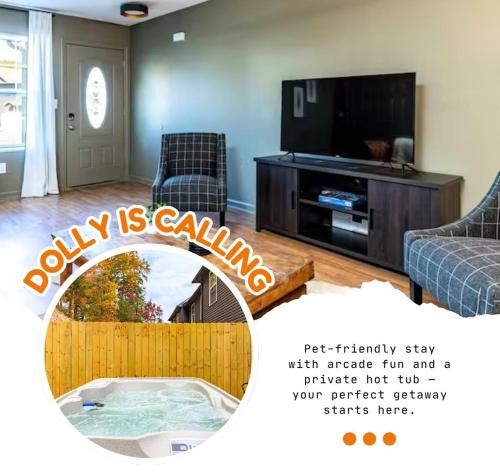 a living room with a flat screen tv and two chairs at Peaceful Getaway Hot Tub Perfect Location in Sevierville